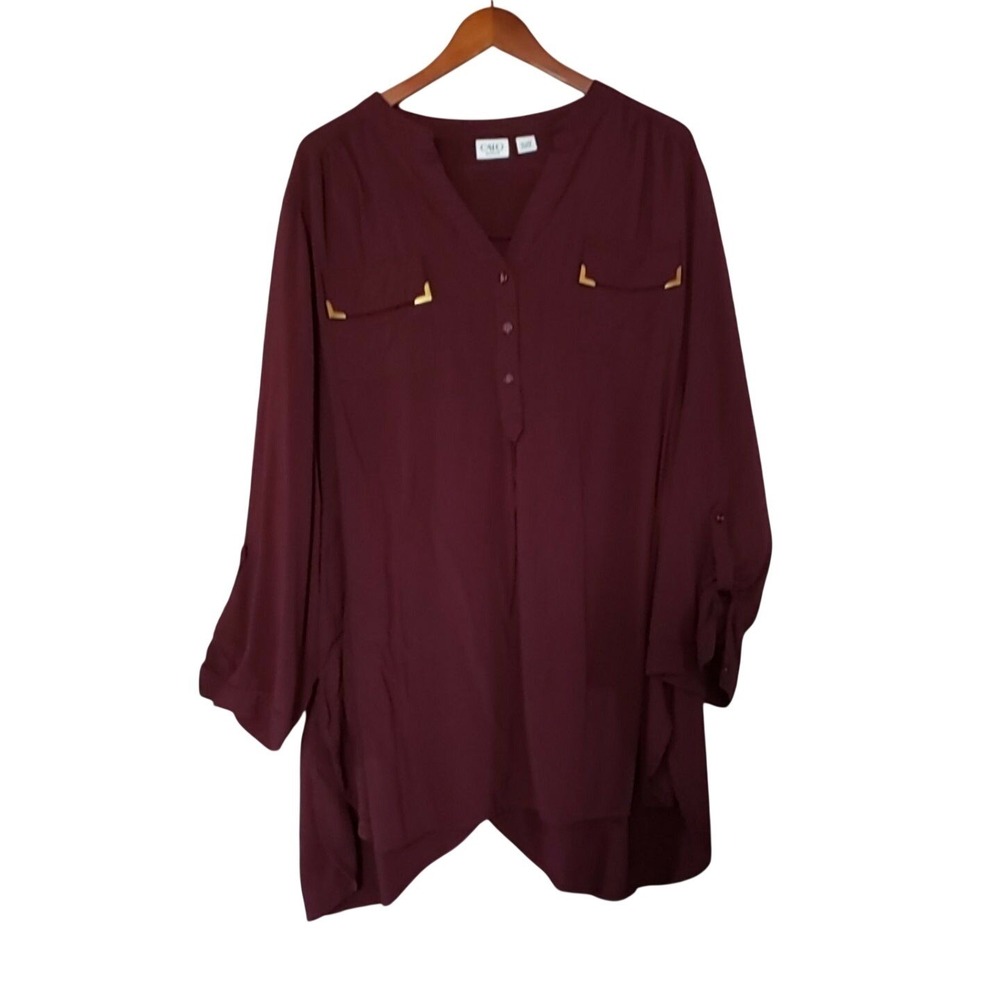 Cato Blouse Womens Plus 28W Red Solid V Neck Long Roll Tab Sleeve Tunic Top